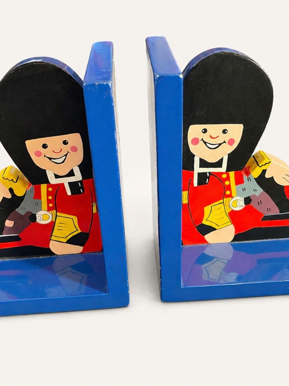 Vintage Wooden Bookends – Blue Toy Soldier / Guard Design